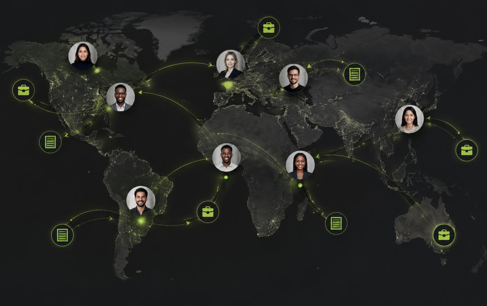 Global map connecting talent with recruiter opportunities
